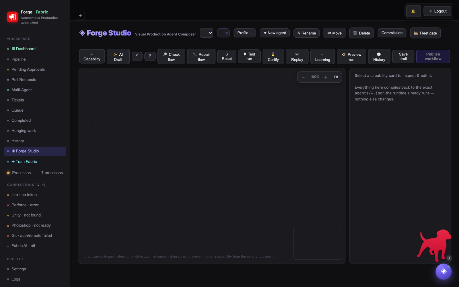 Forge Studio — node canvas, palette and inspector